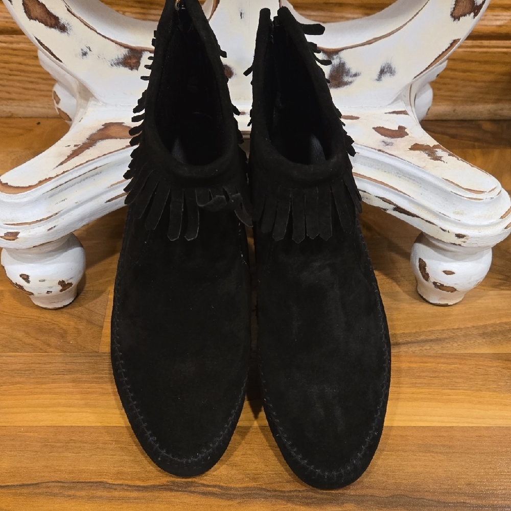 Black Suede Fringe Zip Ankle Boots